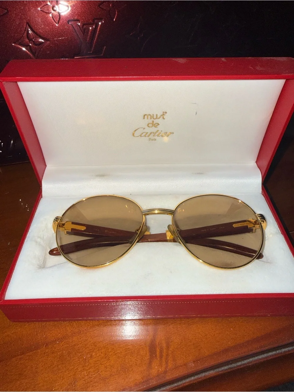 RARE Authentic Vintage Cartier Bagatelle Wood Sunglasses 135b w/ Red Box
